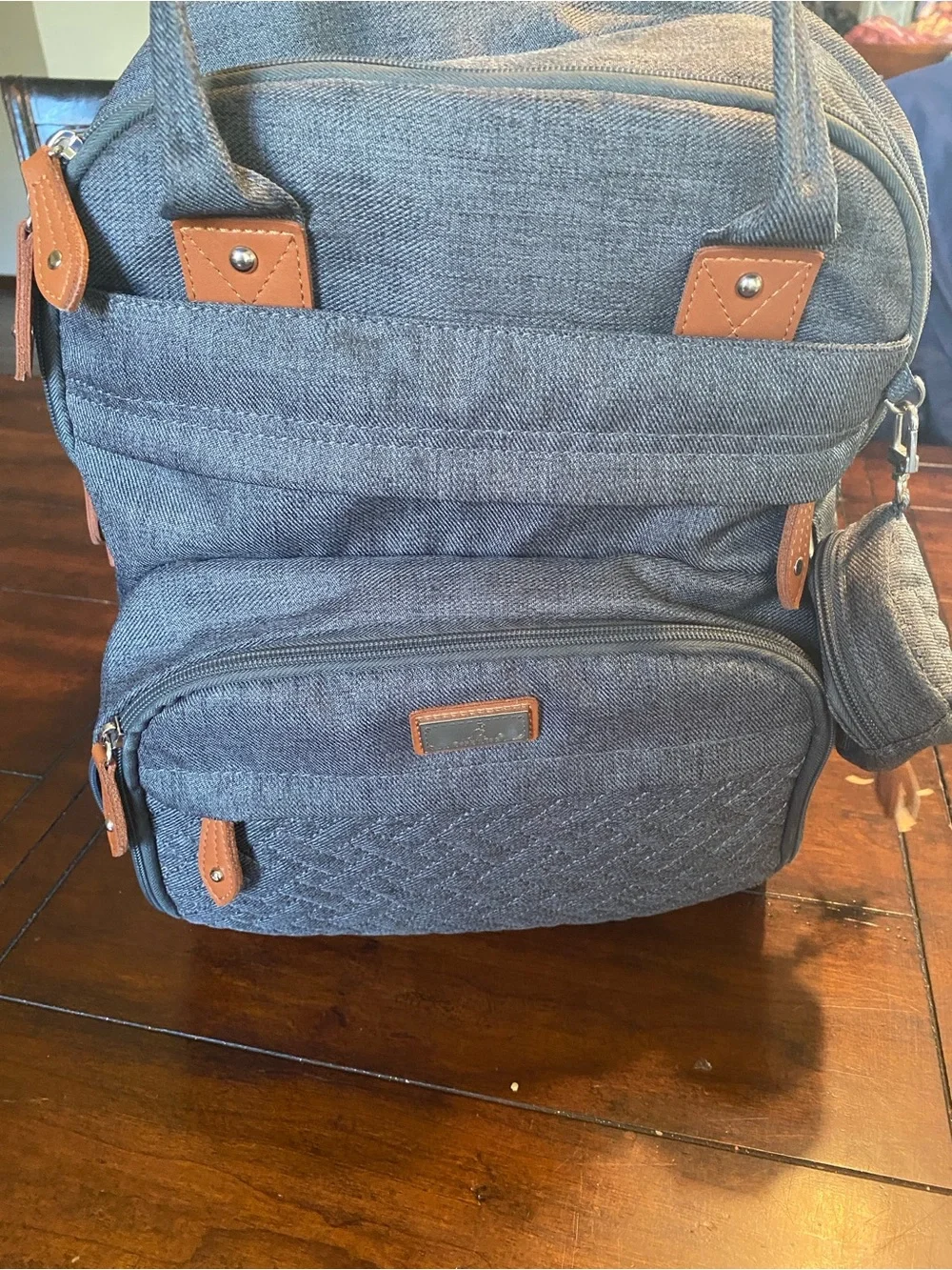 Gray Quilted Canvas Diaper Backpack with Brown Accents